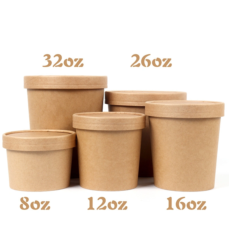 8 Oz Kraft Paper Soup Bowl Disposable Food Bucket Ice Cream Paper Cup Round Dessert Porridge Takeaway Packaging Soup Bowl with Cover