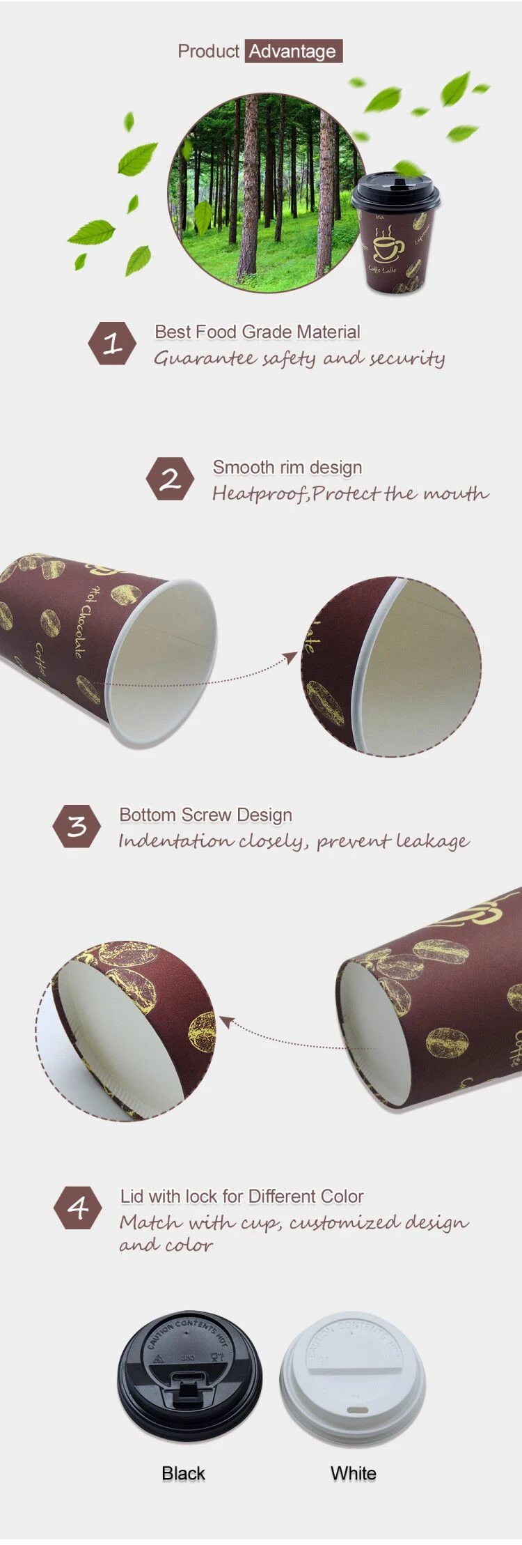 Disposable Customized Printed 8 Oz Coffee Drinking Single Wall Paper Cup with Lid