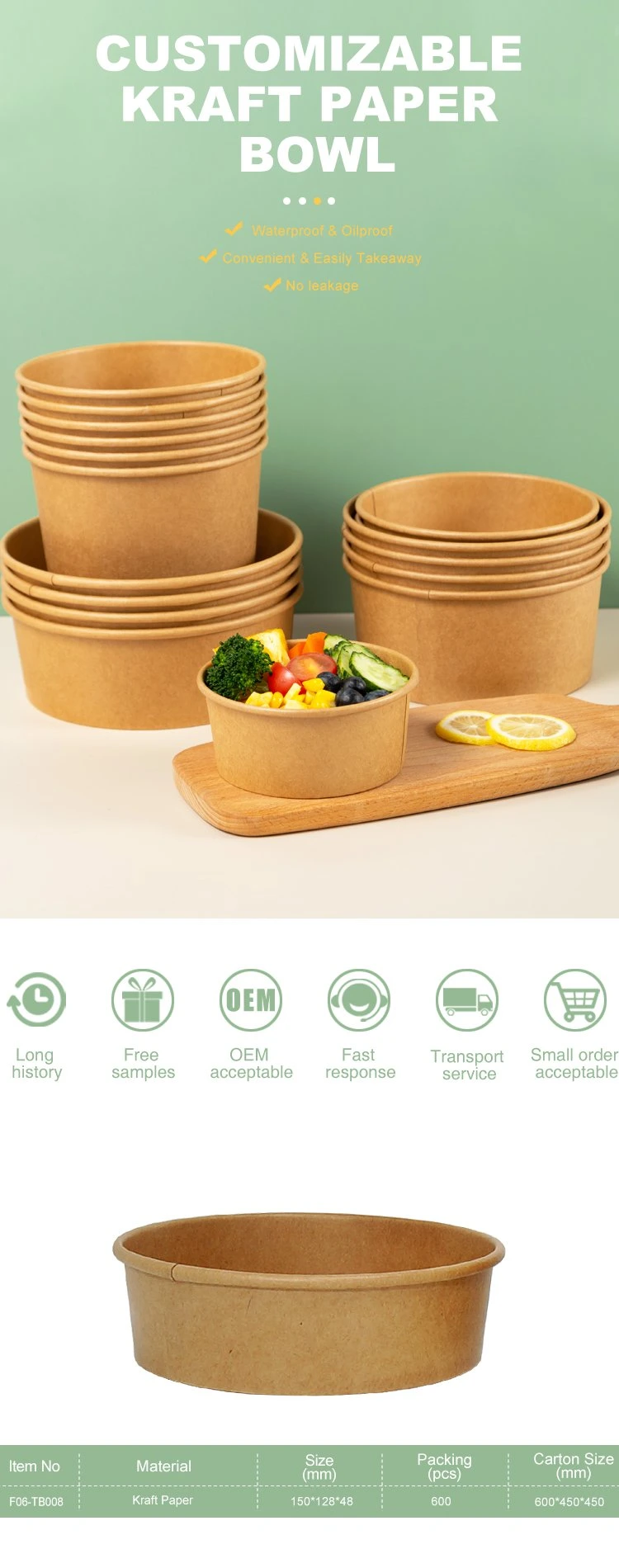 OEM Round Brown Biodegradable Eco-Friendly Take Away Salad Fast Kraft Paper Bowl